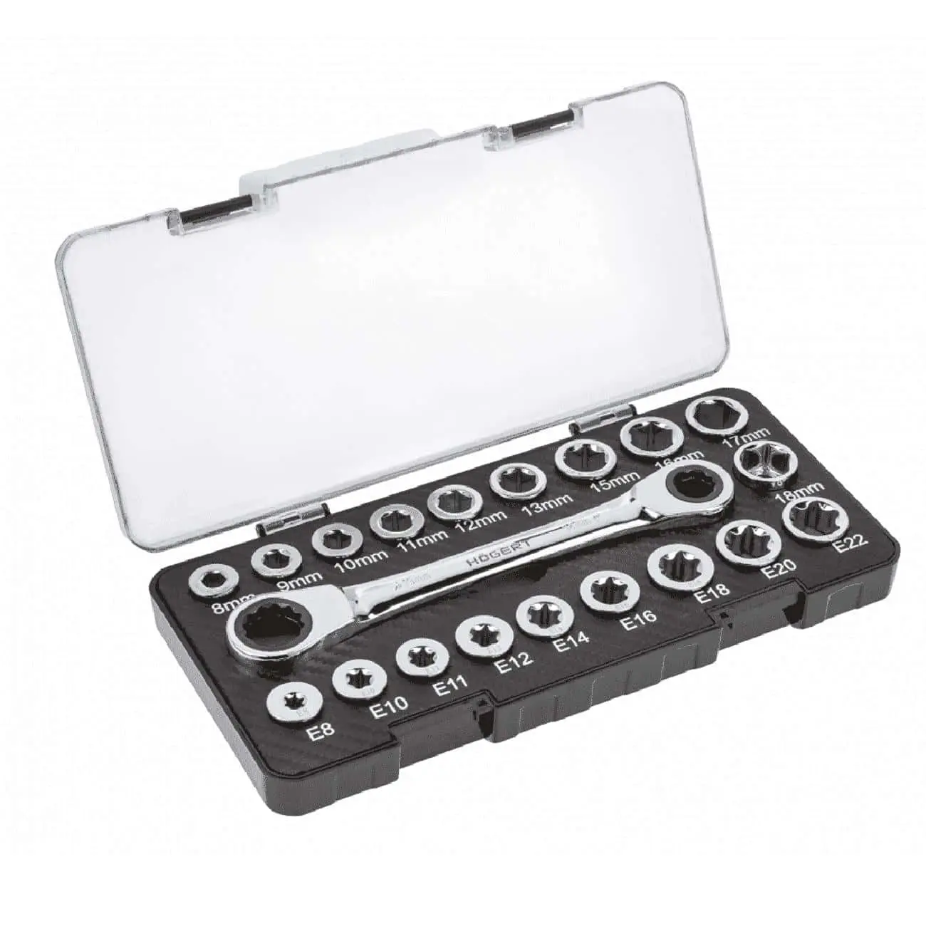 Накидной ключ с трещотками, 20 насадок